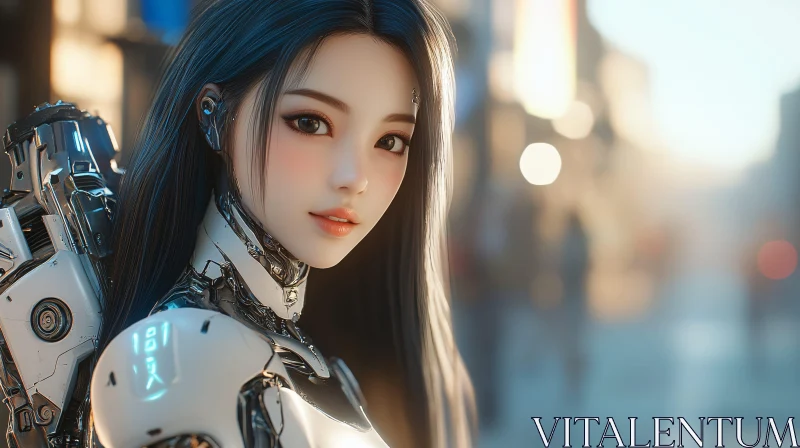 Beautiful Cyborg Woman in Futuristic City AI Image