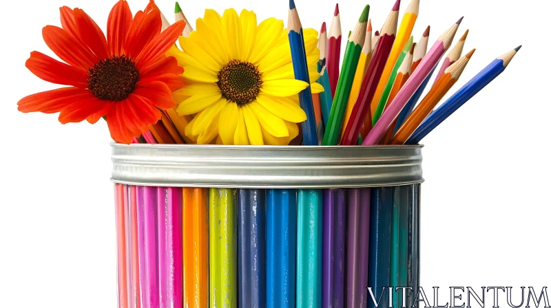 Still Life with Pencils and Flowers AI Image