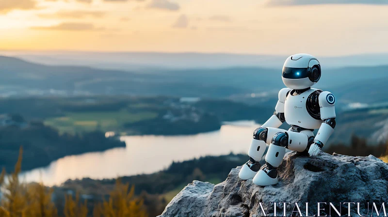 Robot Enjoying Sunset in Nature AI Image