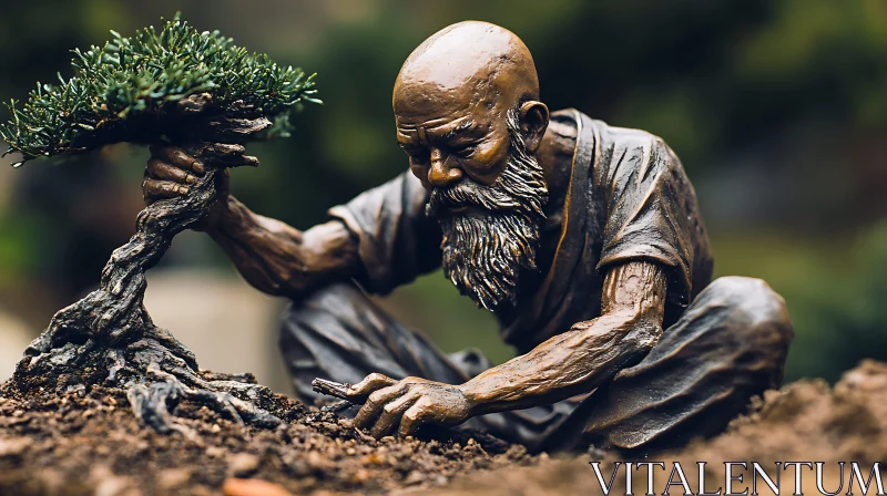 Bonsai Caretaker Bronze Sculpture AI Image