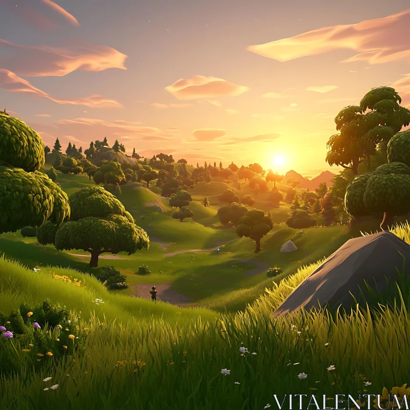 Golden Hour Meadow Landscape AI Image