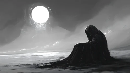 Solitary Cloaked Figure in Monochrome Landscape