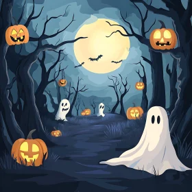 Halloween Night Scene with Ghosts and Pumpkins