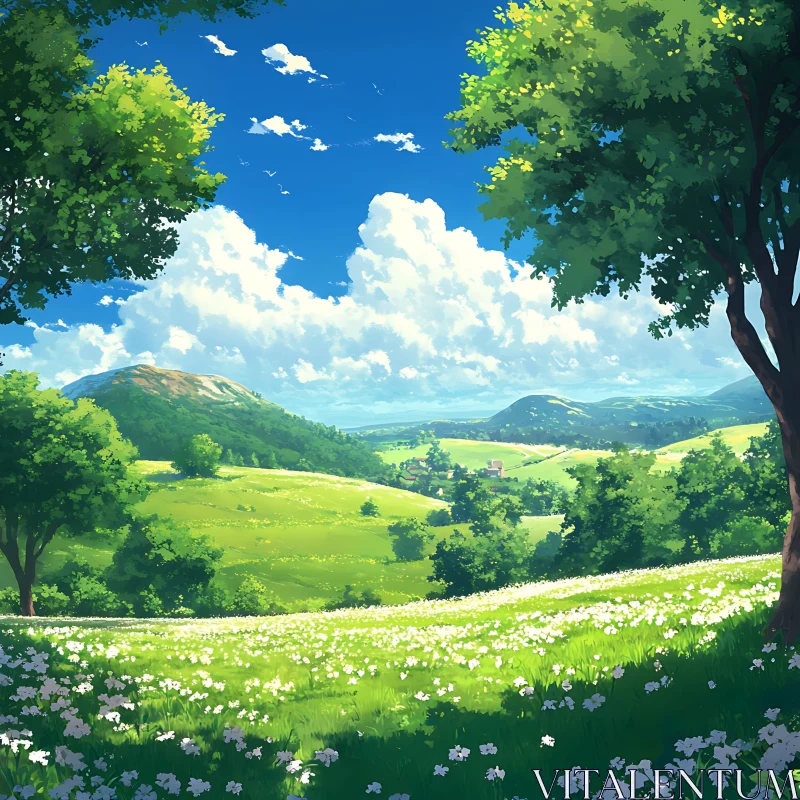 Serene Meadow Scene with Blue Sky AI Image