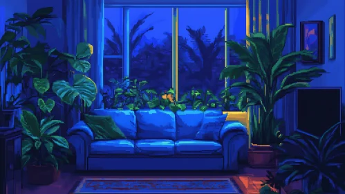 Pixelated Interior with Couch and Plants