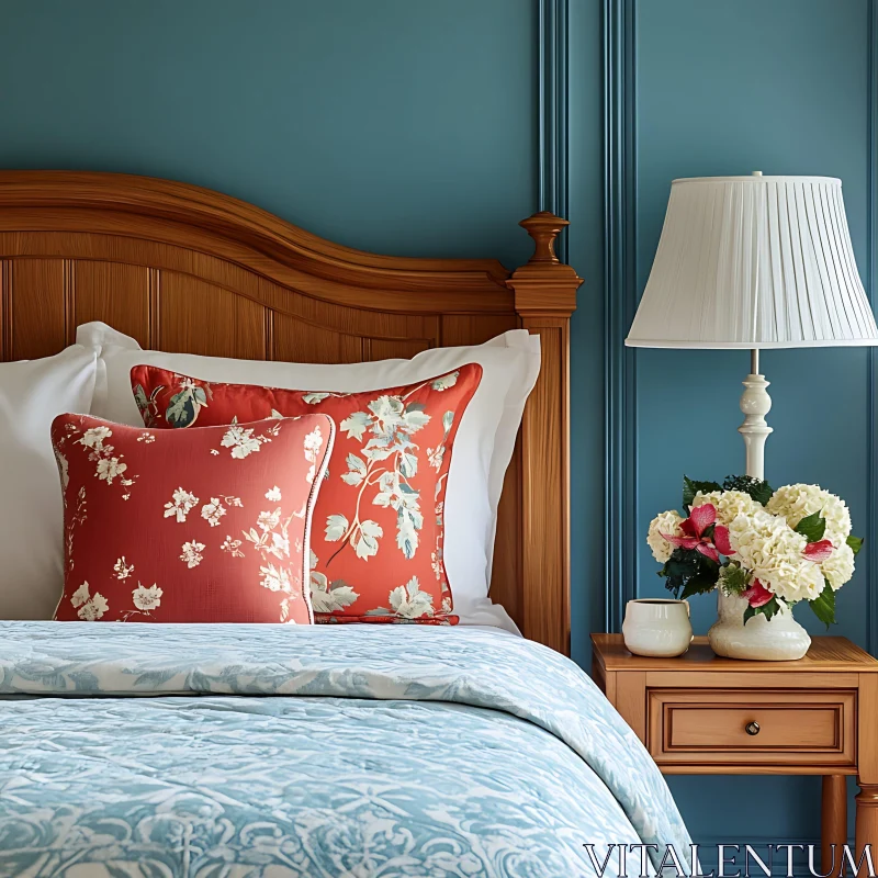 Cozy Bedroom with Floral Pillows and Lamp AI Image