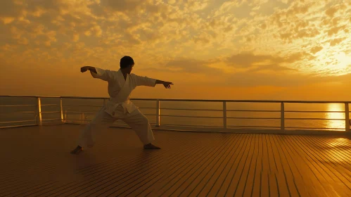 Man Practicing Karate During Sunset