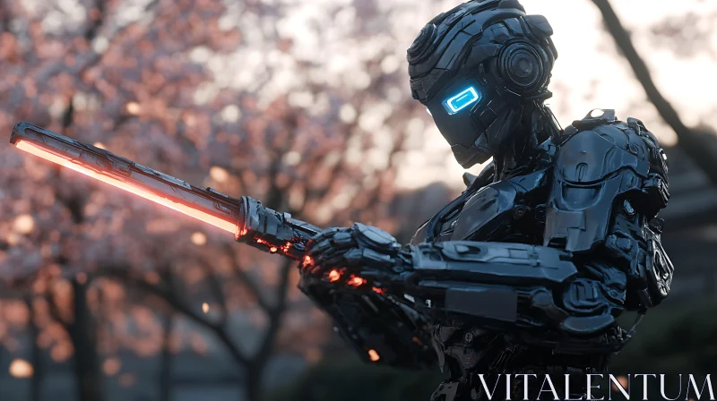 Cybernetic Warrior Robot Under Blossoming Trees AI Image