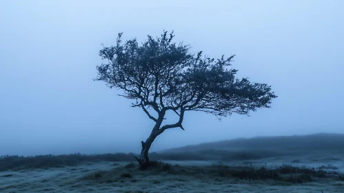 Solitary Tree in Foggy Blue Field