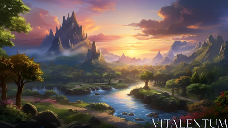 Captivating Scenic Landscape Painting with Waterfall, Mountains, and Ruins AI Image