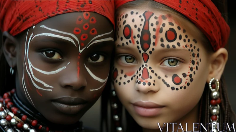 Captivating Tribal Faces: African Girls with Painted Ethnic Tattoos AI Image