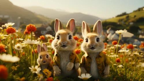 Charming Cinematic Rabbits Nestled in Flower Field