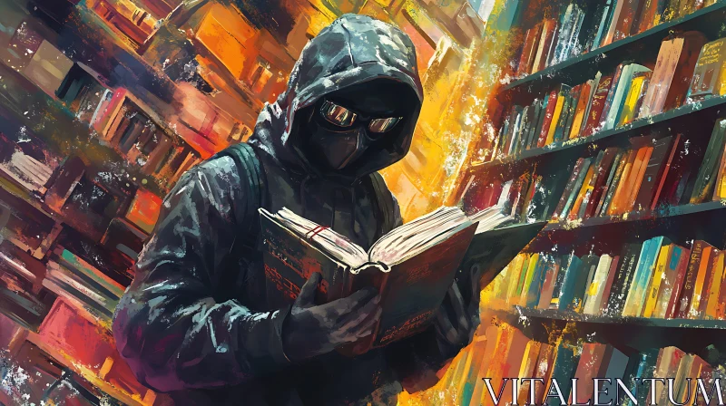 AI ART Hooded Reader in Abstract Bookcase