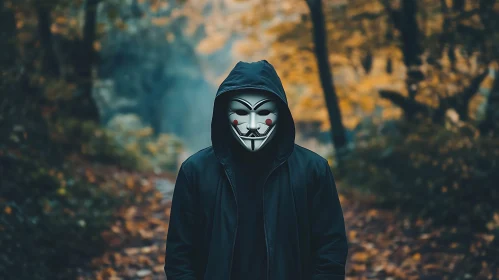 Hooded Figure with Mask in Woods