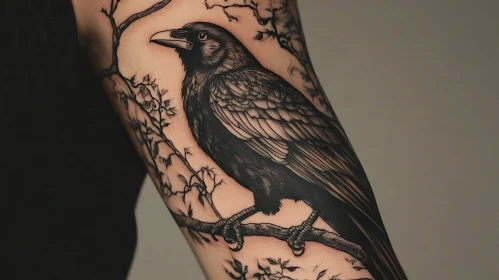 Intricate Raven Tattoo Design on Arm