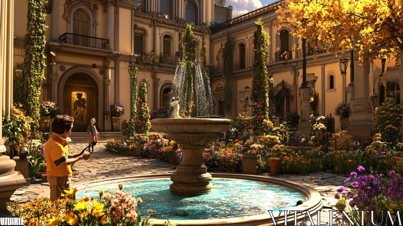 Tranquil Courtyard with Water Fountain and Lush Garden AI Image