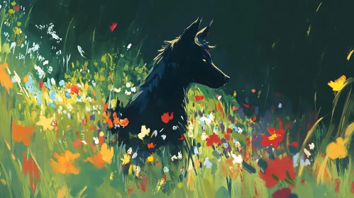 Black Wolf Among Colorful Flowers