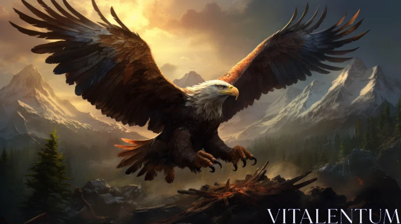 Eagle Landing on Mountain at Sunset - Oil Concept Art AI Image