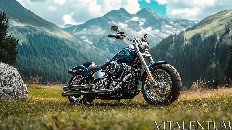 Classic Motorcycle in Alpine Landscape AI Image