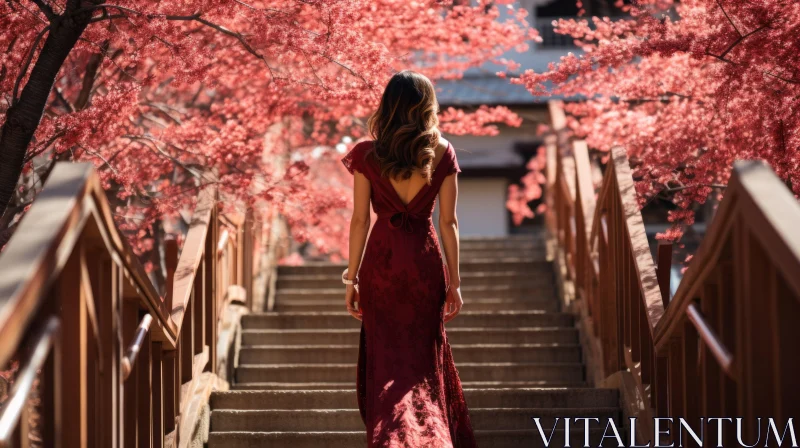 Elegant Red Dress Walking Down Stairs in Cherry Blossoms AI Image