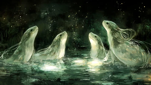 Ethereal Seals Under the Night Sky