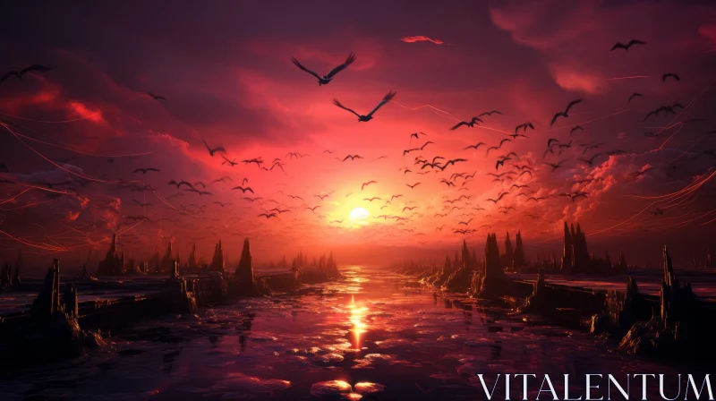 Fantasy Sunset Landscape with Birds over a Lake AI Image