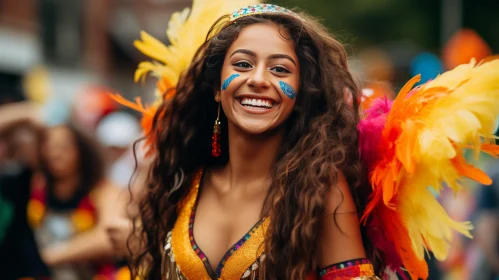 Joyful Woman in Colorful Feathers at City Carnival