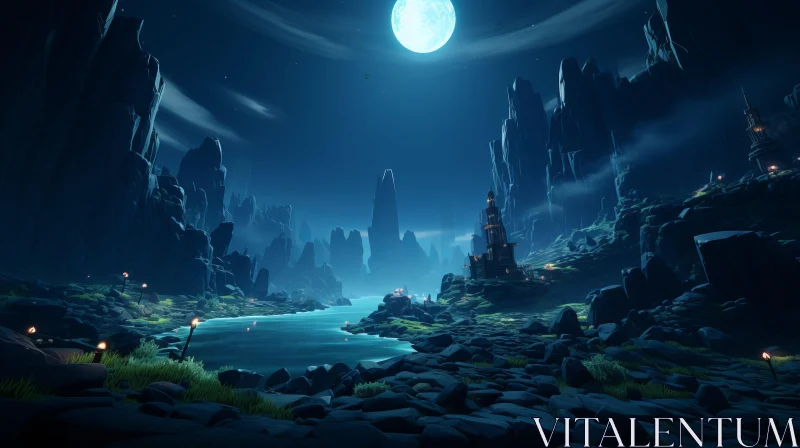 Moonlit Landscape: An Eerily Realistic Concept Art AI Image