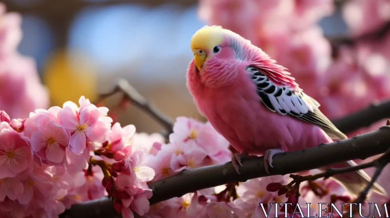 Pink Parrot on Cherry Blossom Branch - A Study of Natural Harmony AI Image