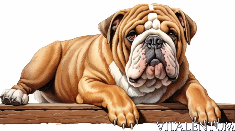 Realistic Cartoon Bulldog Lounging on Wood - Detailed Artwork AI Image