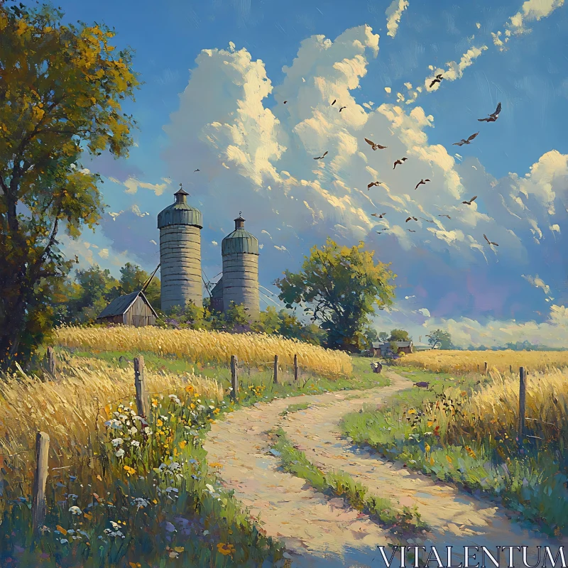 AI ART Rural Farm Scene with Silos and Wheat Field