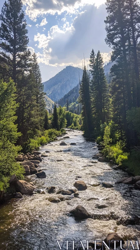 AI ART Tranquil Forest River with Mountains & Sunlight