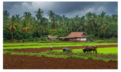 Peaceful Countryside: Farmer and Oxen at Work