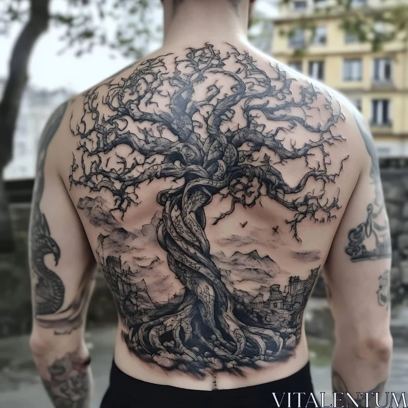 Gnarled Tree Tattoo with Detailed Landscape AI Image