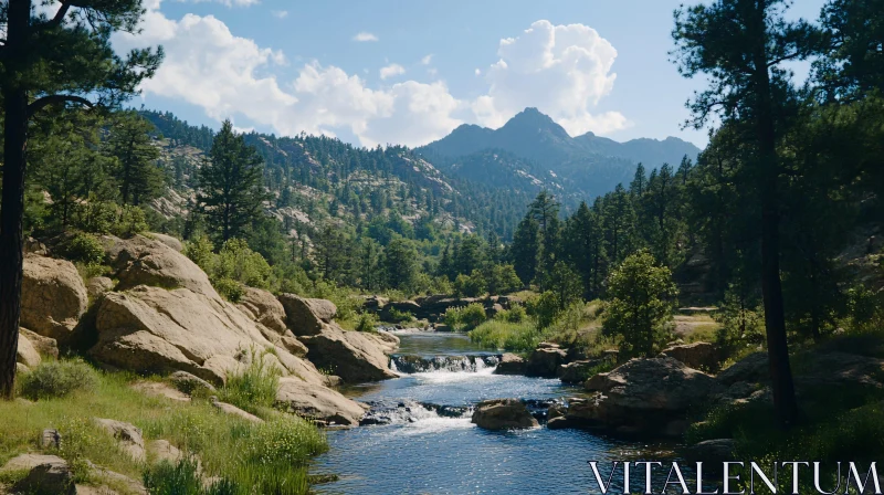 AI ART Tranquil River Amid Mountains and Forest