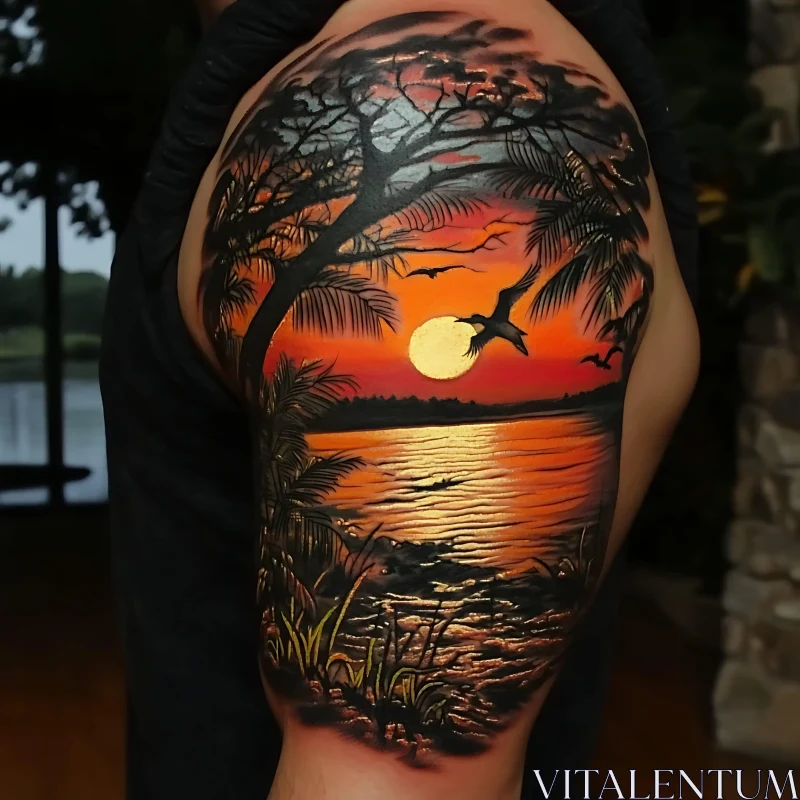 Sunset Tattoo on Arm Featuring Natural Landscape AI Image