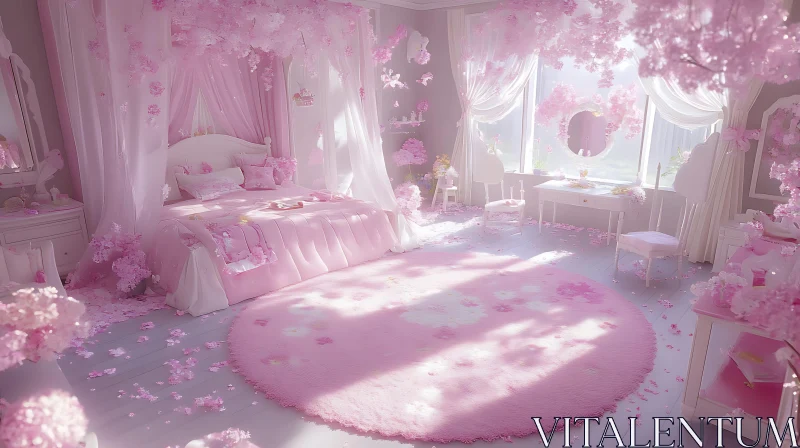 Pastel Pink Bedroom with Flowers AI Image