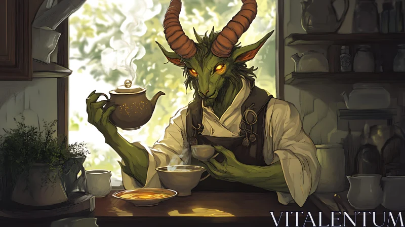 AI ART Horned Creature Enjoying Tea Time