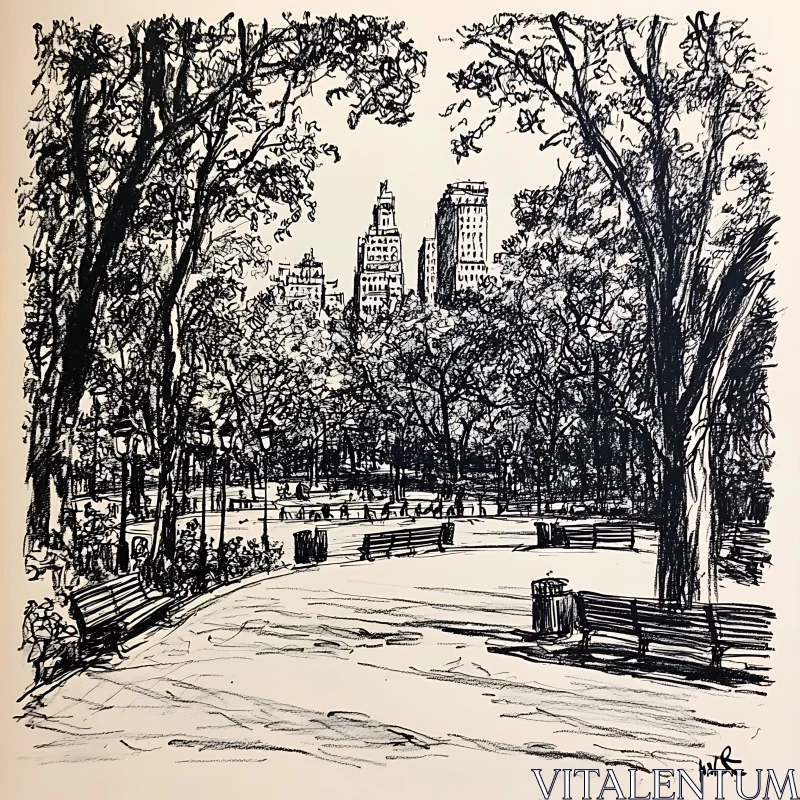 City Park Illustration with Tall Buildings AI Image