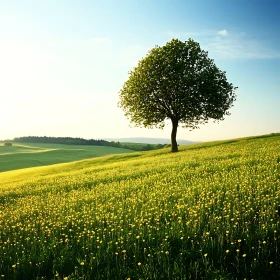 Solitary Tree in Floral Meadow