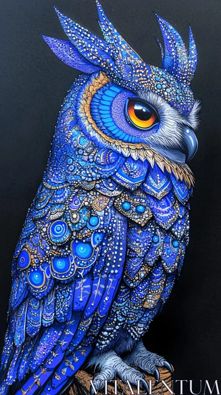 Detailed Owl with Blue Patterns AI Image