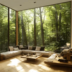 Modern Living Room with Forest Scenery