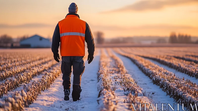 AI ART Man Walking Through Snowy Field