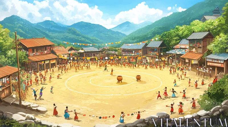 AI ART Festive Village Gathering Illustration