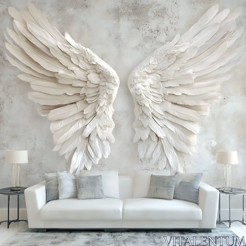 AI ART White Sofa with Angel Wings Decor