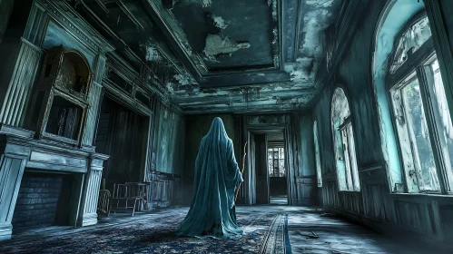 Shrouded Figure in Decayed Interior