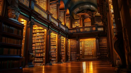 Majestic Library Hall with Polished Wood Floor