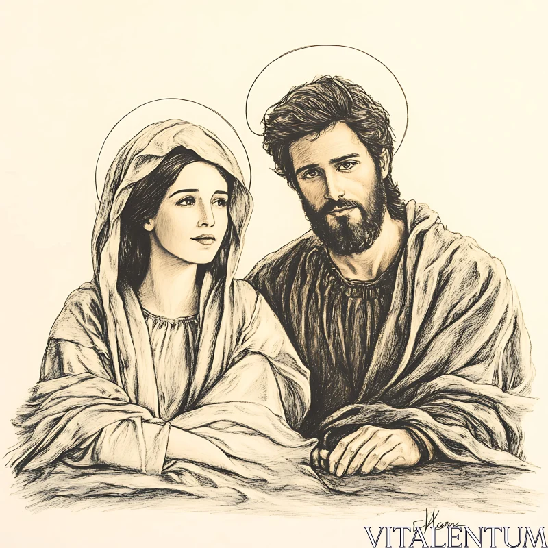 Religious Sketch of a Man and Woman AI Image