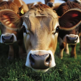 Close-up of Brown Cows on Green Pasture