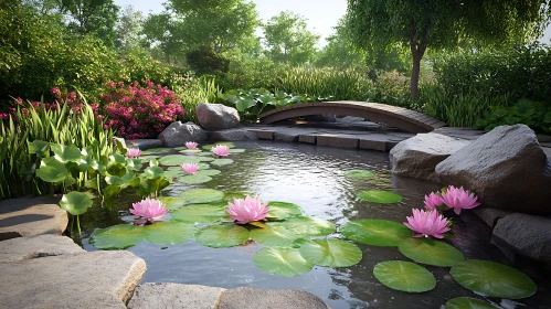 Serene Garden Pond with Pink Water Lilies